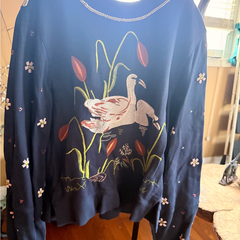 Anthropologie Navy Sweater with Embroidered Swan Design